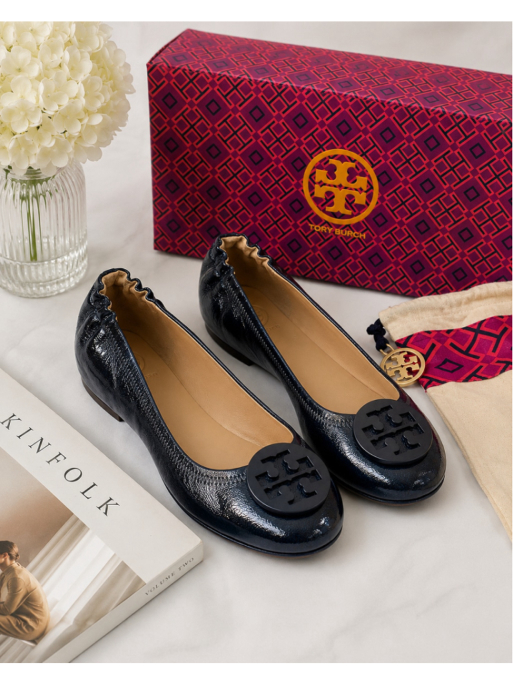 Tory Burch Reva Ballet Flats Navy Patent Leather Logo Size 9.5M NWB Balletcore